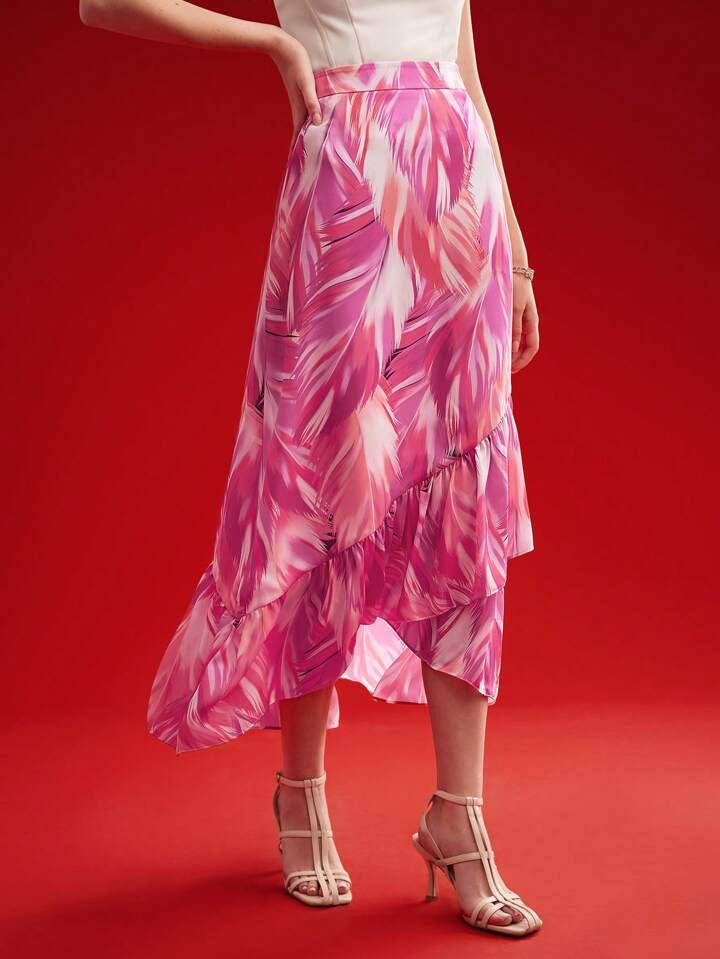 CM-BS335889 Elegant Seoul Style Premium Plant Printed Asymmetrical Ruffle Hem Skirt