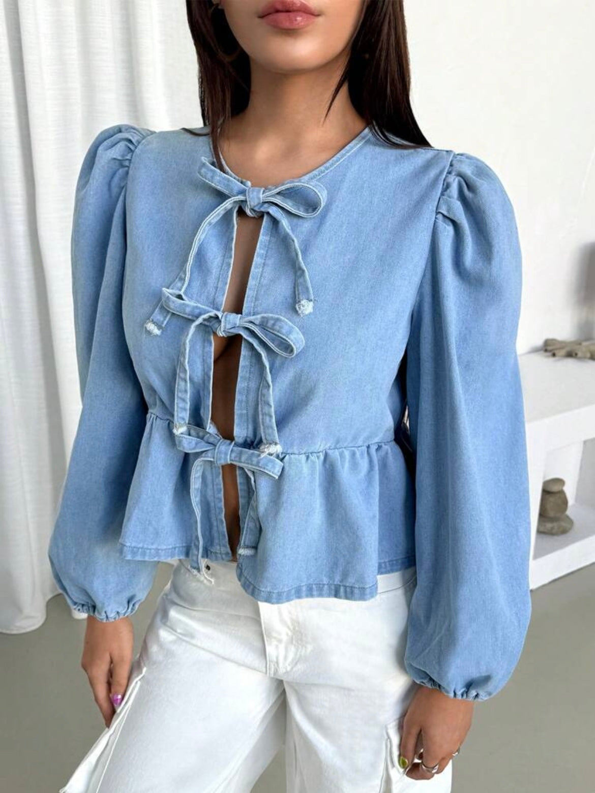 CM-TS323902 Women Casual Seoul Style Front Tie Ruffle Detail Long Sleeve Denim Blouse