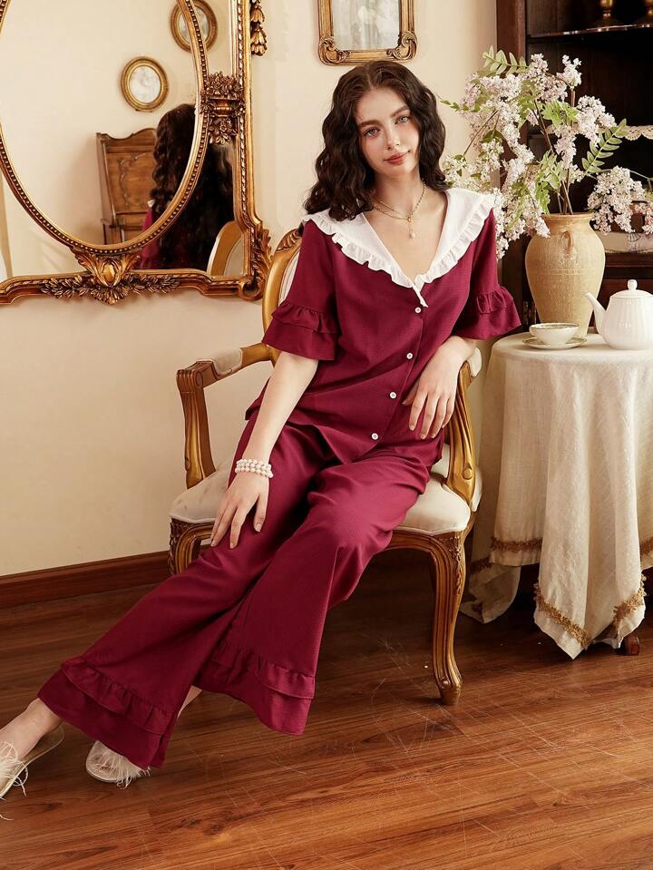 CM-LS043240 Women Trendy Seoul Style Peter Pan Collar Colorblock Ruffled Trim Pajama Set - Burgundy