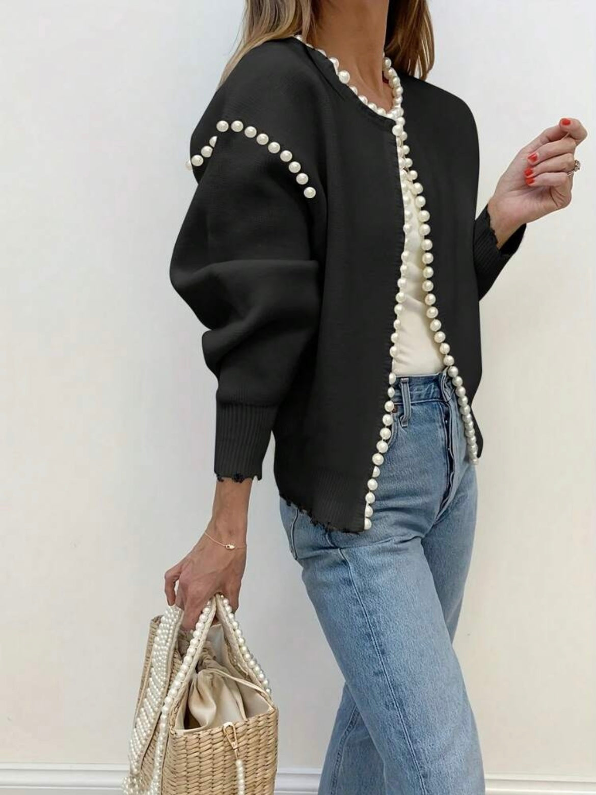 CM-CS696698 Women Casual Seoul Style Pearl Trim Distressed Hem Long Sleeve Knit Sweater - Black