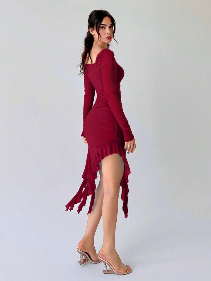 CM-DS091183 Women Elegant Seoul Style Square Neck Long Sleeve Pleated Asymmetrical Hem Dress