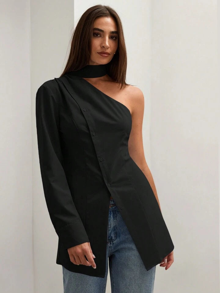 CM-TS888214 Women Casual Seoul Style Asymmetric Collar One Shoulder Long Sleeve Blouse - Black