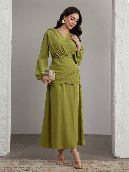 CM-DS969151 Women Elegant Seoul Style V-Neck Bishop Sleeve Cinched Waist A-Line Maxi Dress - Green