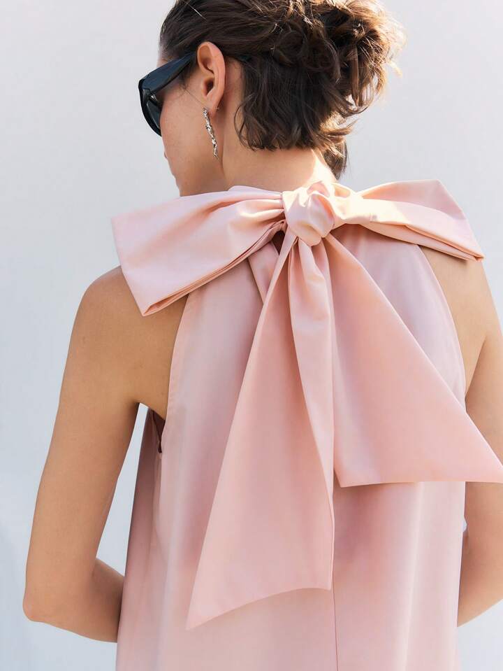 CM-DS178358 Women Casual Seoul Style Tie-Up Halter Sleeveless A-Line Pleated Hem Long Dress - Baby Pink