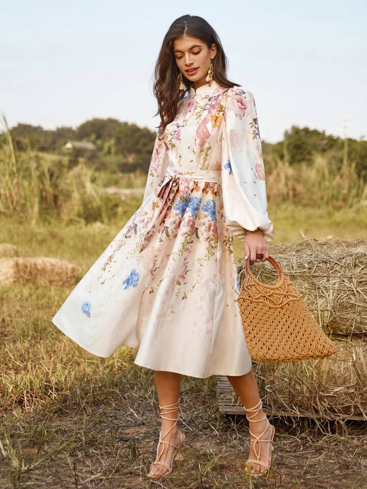 CM-DS866520 Women Trendy Bohemian Style Floral Print Long Sleeve Belted Dress