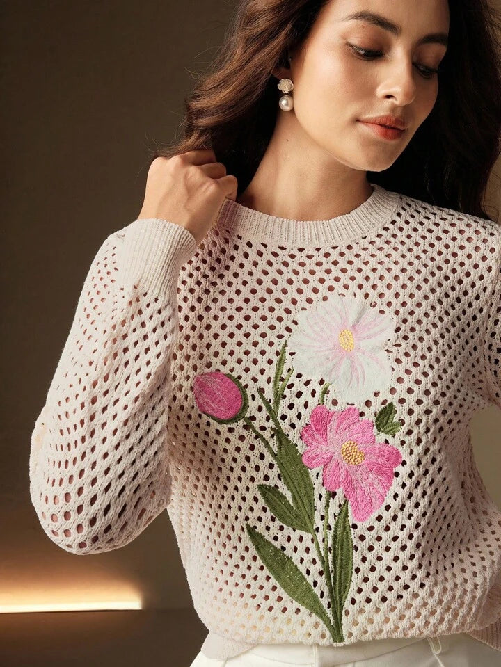 CM-CS497460 Women Elegant Seoul Style Floral Embroidery Hollow Out Crew Neck Long Sleeve Sweater - White
