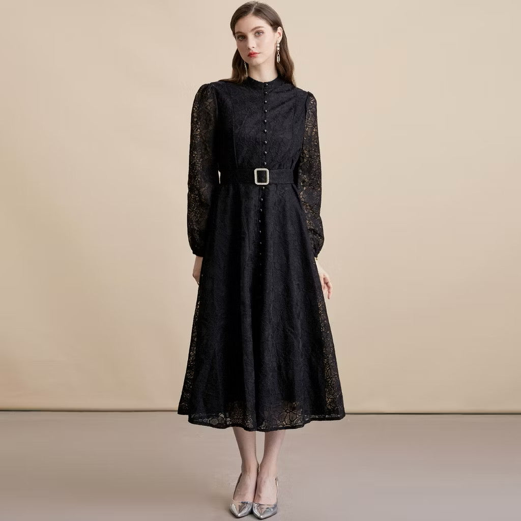 CM-DY054194 Women Elegant European Style Lace Embroidery Stand Collar Long Sleeve Belted MIdi Dress - Black