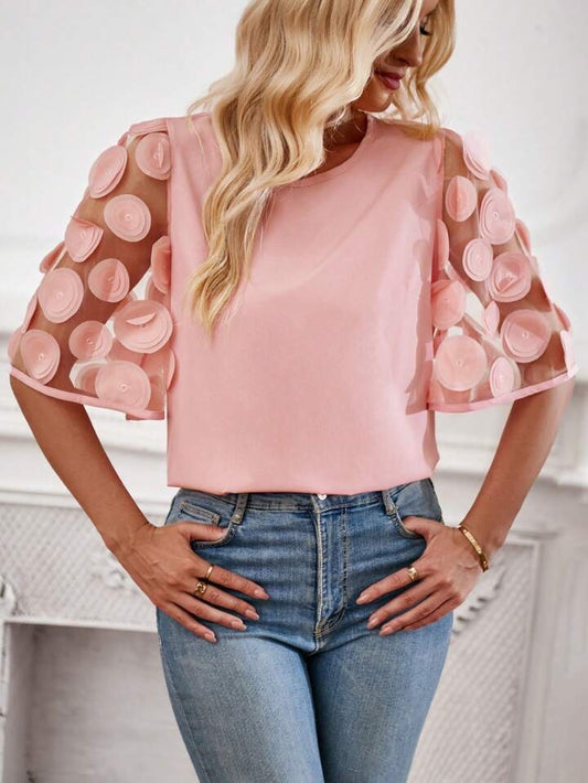 CM-TS116891 Women Casual Seoul Style Round Neck Contrast Mesh Sleeve Blouse - Pink