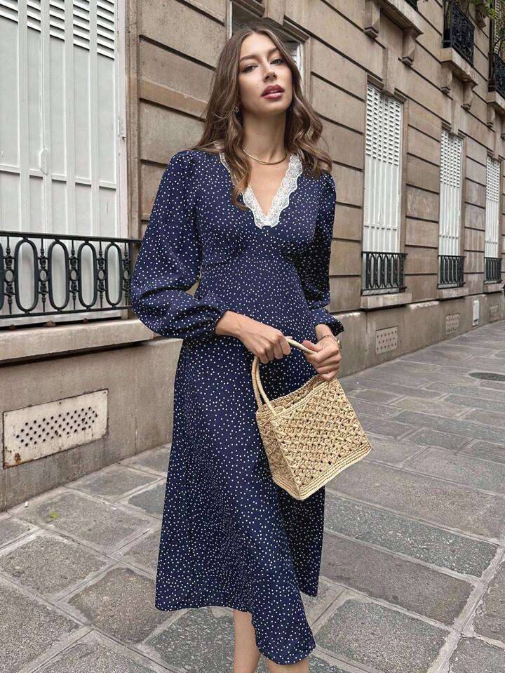 CM-DS251676 Women Casual Seoul Style V-Neck Puff Sleeve Floral Lace Patchwork Polka Dot Dress - Navy Blue