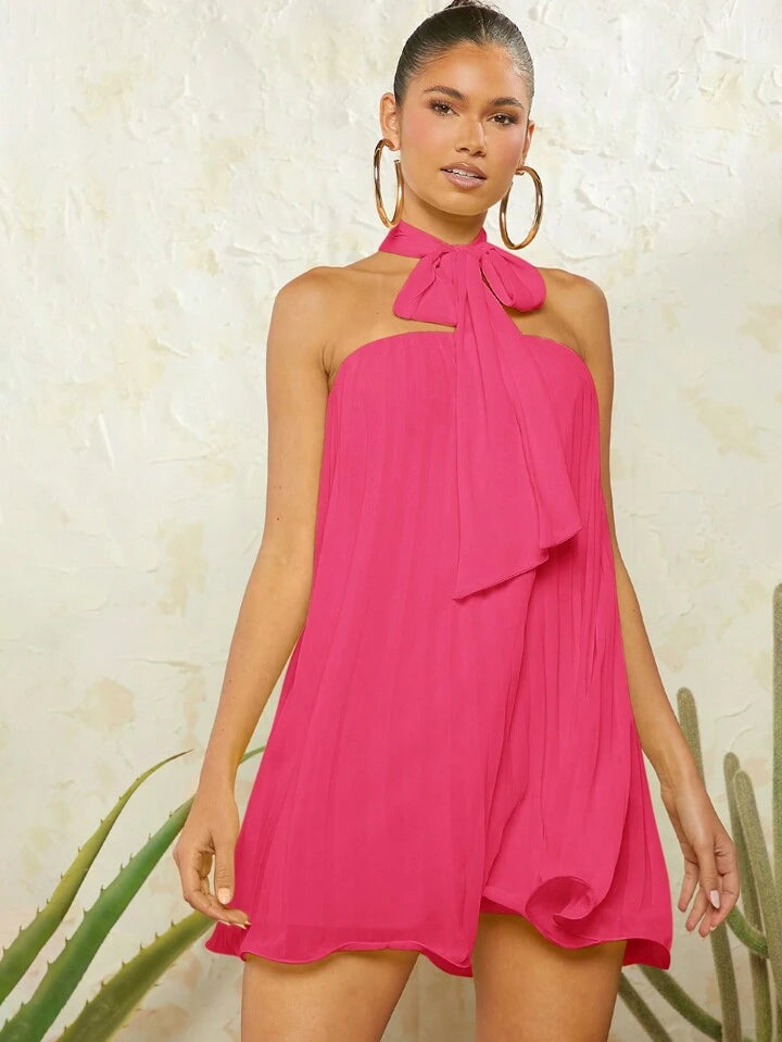 CM-DS197771 Women Elegant Seoul Style Draped Tie Neck Pleated Solid Dress - Hot Pink