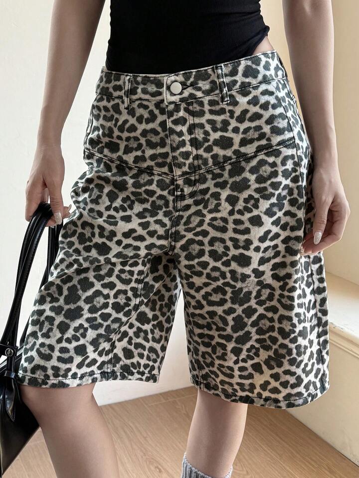 CM-BS269781 Women Casual Seoul Style Mid Waist Print Loose Bermuda Denim Shorts - Brown