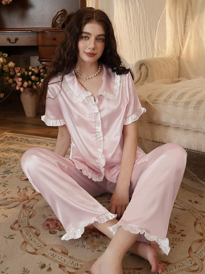 CM-LS435365 Women Trendy Seoul Style Contrast Color Ruffle Trim Loose Pajama Set - Pink
