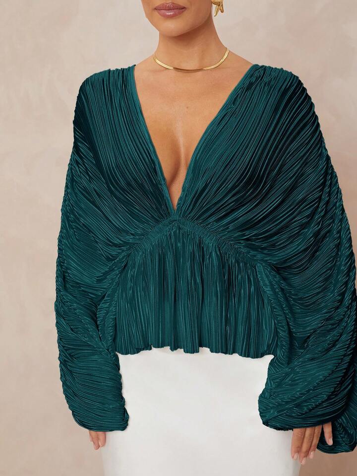 CM-TS230198 Women Elegant Seoul Style Deep V-Neck Long Sleeve Loose Fit Ruffled Hem  Oversized Blouse - Teal Blue