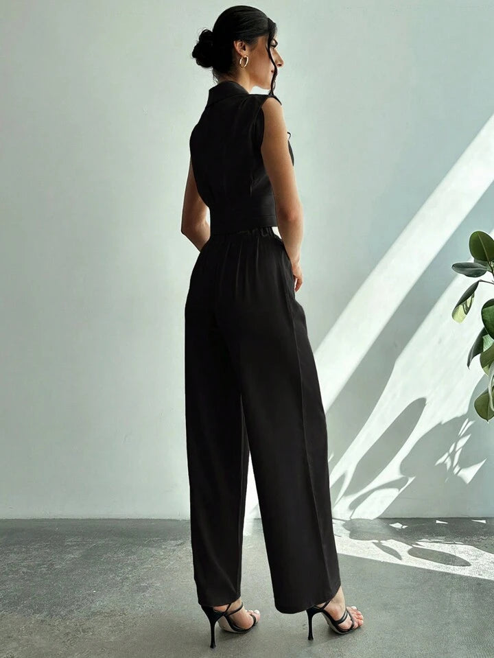 CM-SS663630 Women Elegant Seoul Style Collared Fitted Cap Sleeve Shirt With Straight-Leg Pants Suit - Black