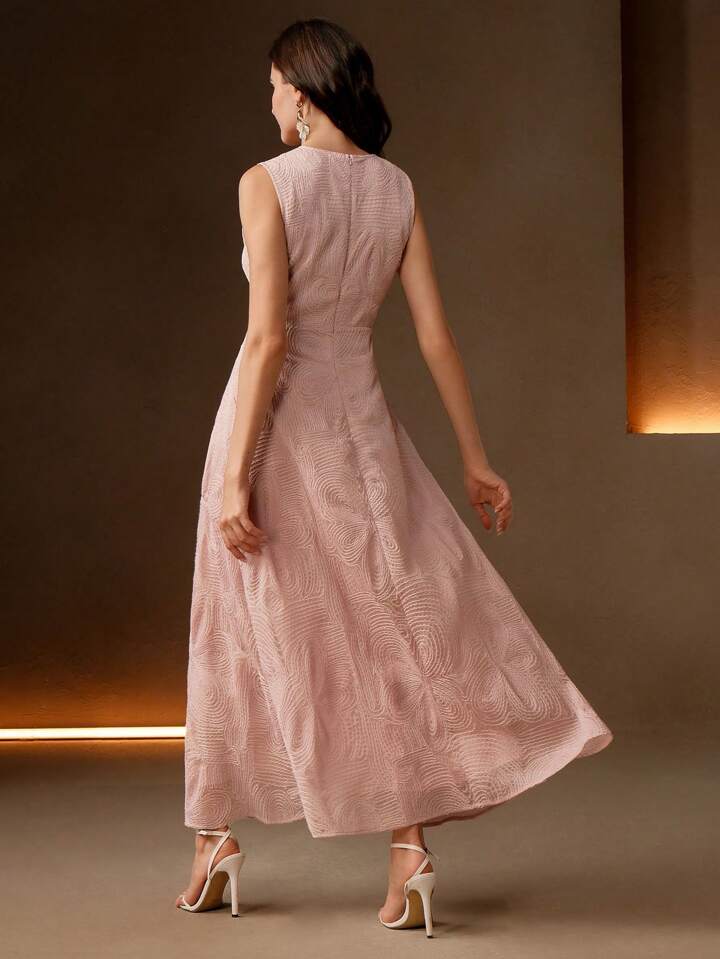 CM-DS571714 Women Elegant Seoul Style Embroidered Sleeveless Round Neck A-Line Dress - Pink