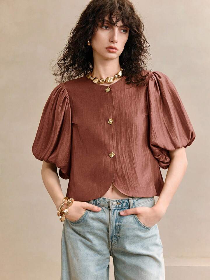 CM-TS081754 Women Elegant Seoul Style Satin Round Neck Puff Sleeve Golden Metal Button Decor Blouse - Maroon