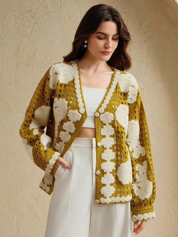 CM-CS148566 Women Elegant Seoul Style Floral Pattern Long Sleeve Single-Breasted Hollow Out Knitted Cardigan