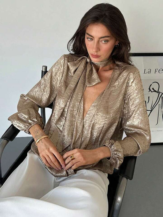 CM-TS134766 Women Elegant Seoul Style Tie Neck Cross-Wrap Lantern Sleeve Shirt - Gold