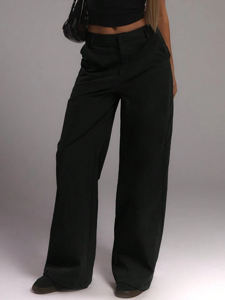 CM-BS943326 Women Casual Seoul Style Twill Slouch Fit Wide Leg Trousers - Black