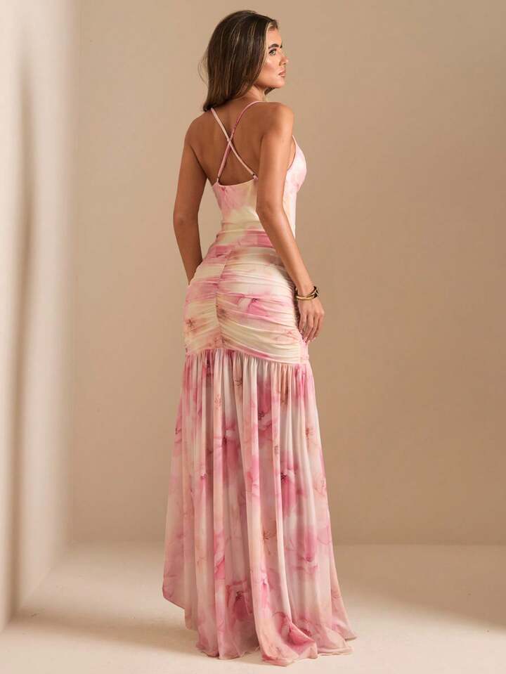 CM-DS537581 Women Trendy Bohemian Style Deep Draped Neck High Slit Floral Print Fitted Mesh Dress - Pink