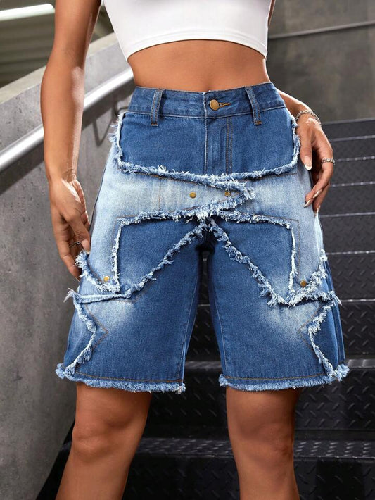CM-BS458556 Women Casual Seoul Style Medium Wash Patchwork Frayed Hem Bermuda Denim Shorts