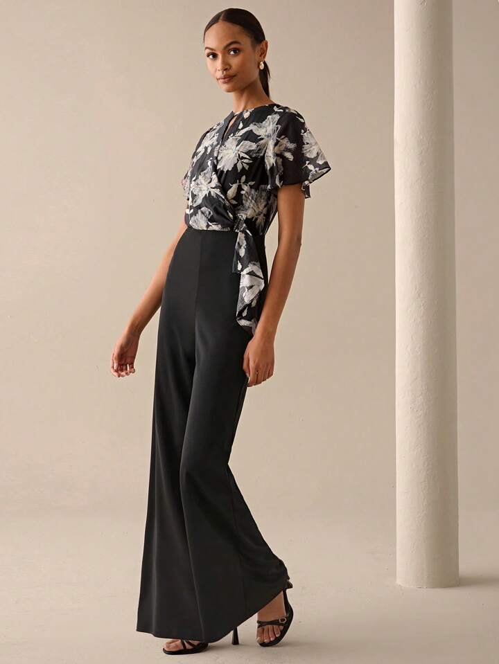 CM-JS668838 Women Elegant Seoul Style Floral Print Patchwork Sleeveless Wide Leg Jumpsuit - Black