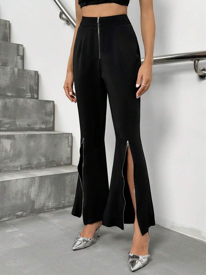 CM-BS513361 Women Elegant Seoul Style Zipper Waist Fitted Flared Hem Slit Pants - Black