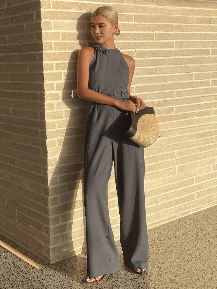 CM-JS324365 Women Elegant Seoul Style Halter Neck Cinched Waist Wide Leg Jumpsuit - Gray