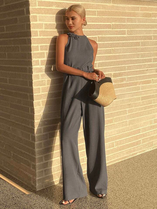 CM-JS324365 Women Elegant Seoul Style Halter Neck Cinched Waist Wide Leg Jumpsuit - Gray