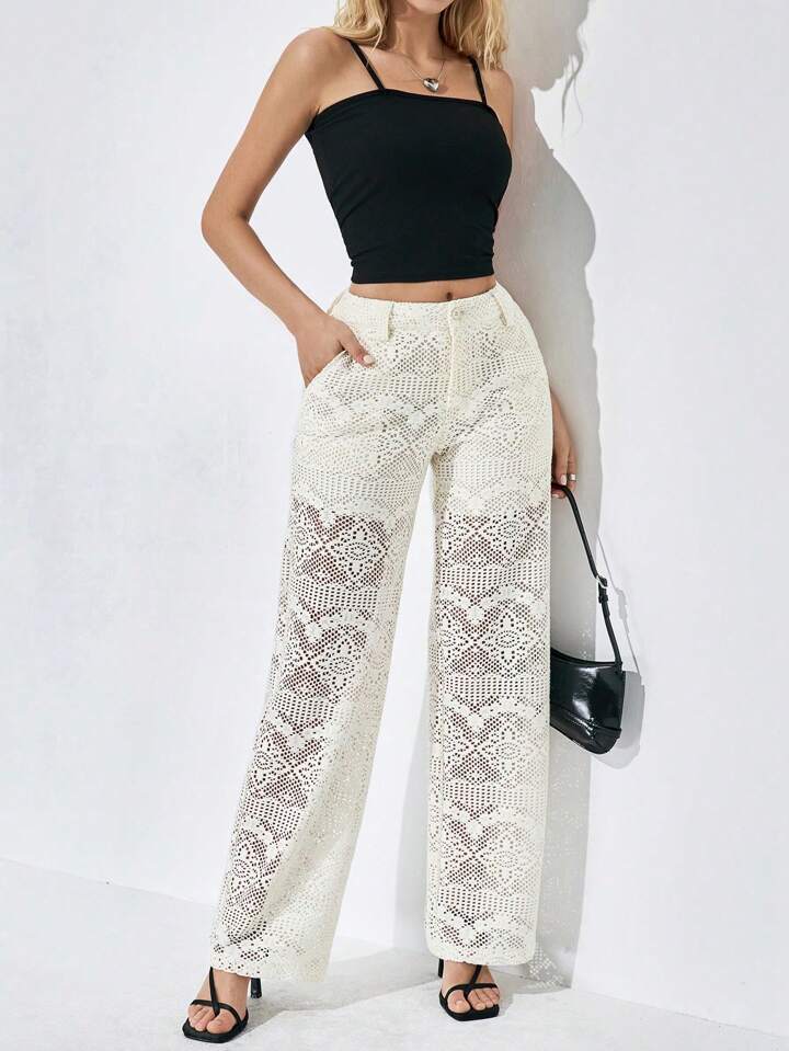 CM-BS818585 Women Trendy Bohemian Style Solid Color Lace Straight Wide Leg Pants - Beige