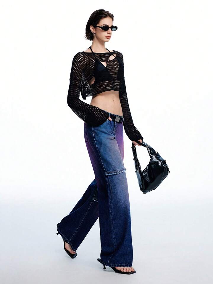 CM-BS022503 Women Casual Seoul Style Dark Wash Colorful Low Waist Extra Long Straight Leg Denim Jeans