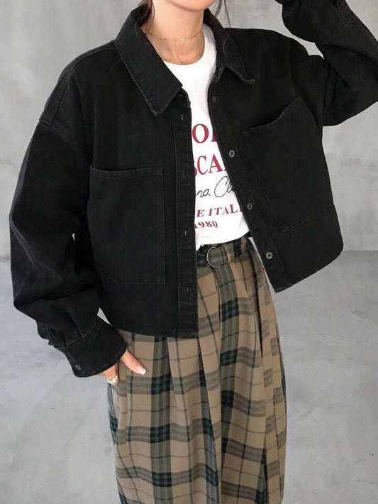CM-CS301318 Women Casual Seoul Style Collar Neckline Button Front Long Sleeve Pocket Oversized Denim Jacket - Black