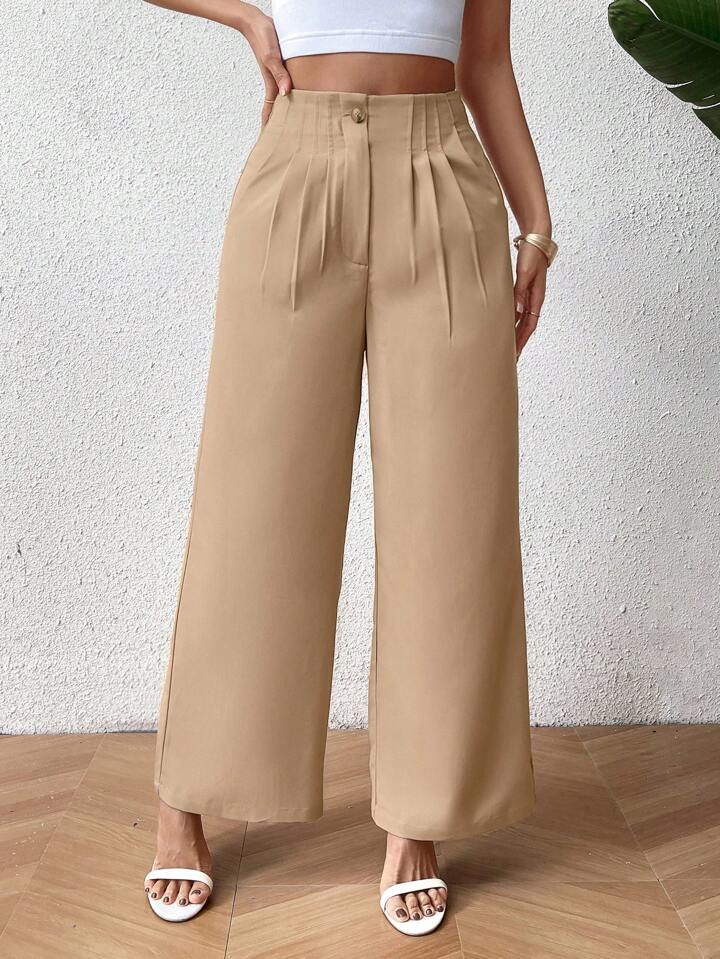 CM-BS009023 Women Casual Seoul Style Solid Color High Waist Pleated Wide Leg Pants - Khaki