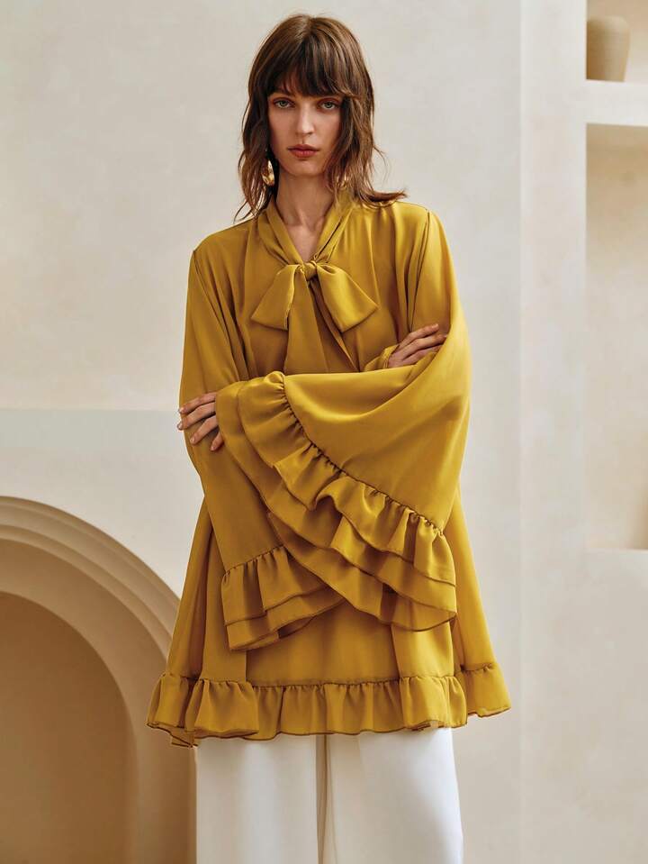 CM-TS466804 Women Elegant Seoul Style Chiffon Ruffle Hem V-Neck Bowknot Long Loose Blouse