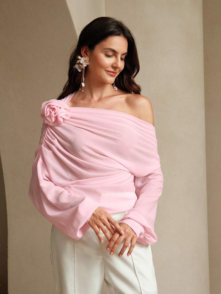 CM-TS898866 Women Elegant Seoul Style Off the Shoulder 3D Floral Decoration Blouse - Baby Pink