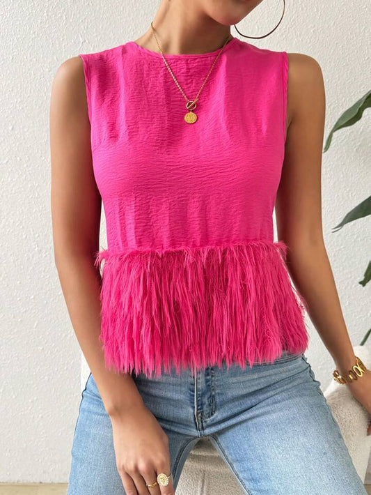 CM-TS992298 Women Casual Seoul Style Round Neck Sleeveless Loose Furry Hem Blouse - Hot Pink