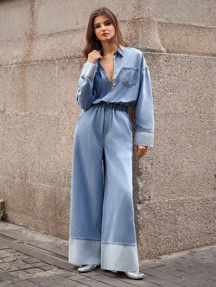 CM-JS119936 Women Elegant Seoul Style Faux Pearl Decor Drop Shoulder Long Sleeve Pocket Design Wide Leg Denim Jumpsuit
