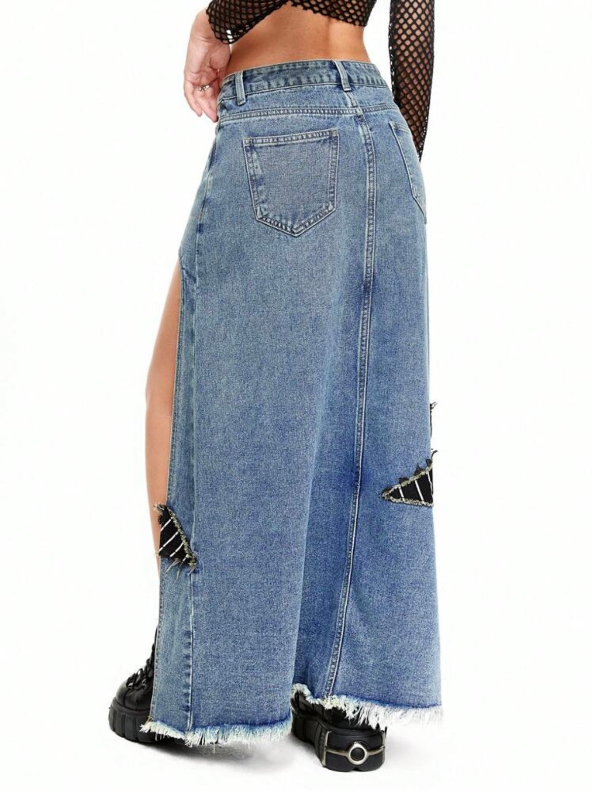 CM-BS288548 Women Casual Seoul Style Spiral Star Applique Slim Fit High Slit Long Denim Skirt