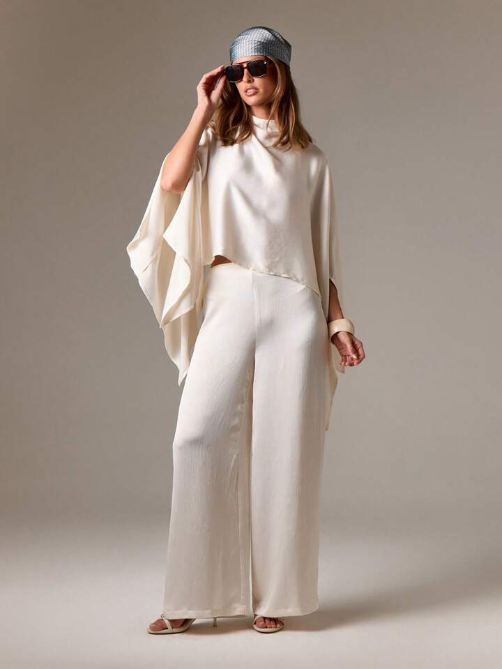 CM-TS999111 Women Elegant Seoul Style High Neck Draped Long Sleeve Flowing Chiffon Top Asymmetrical Hem Blouse