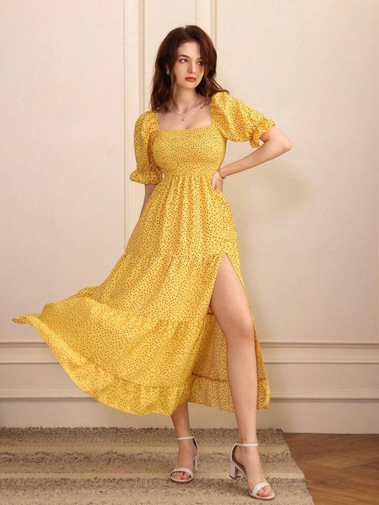CM-DS114120 Women Trendy Bohemian Style Polka Dot Print Split Puff Sleeve Dress - Yellow