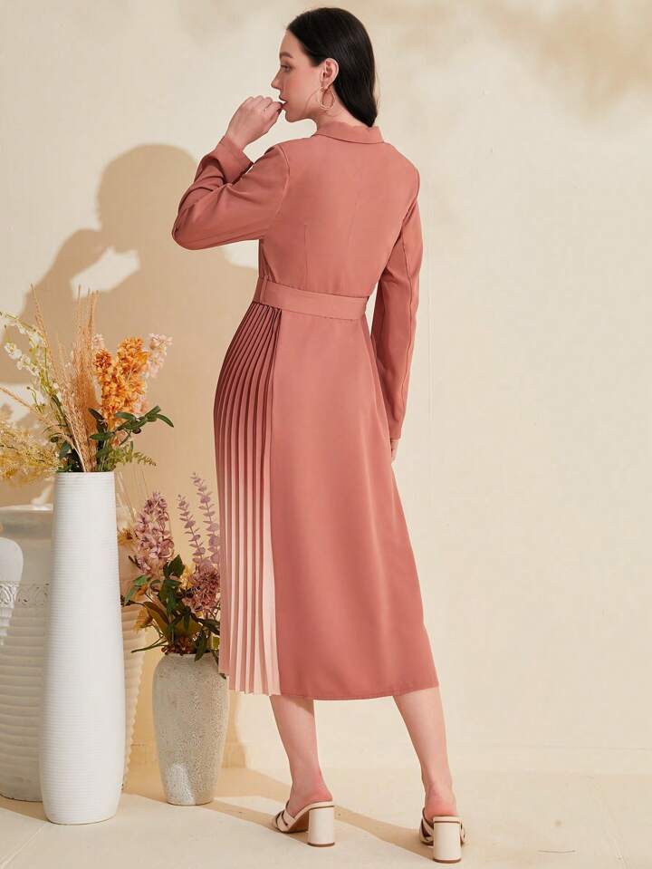 CM-DS184274 Women Elegant Seoul Style Color-Blocked Collar Pleated Hem Belted Dress - Dusty Pink