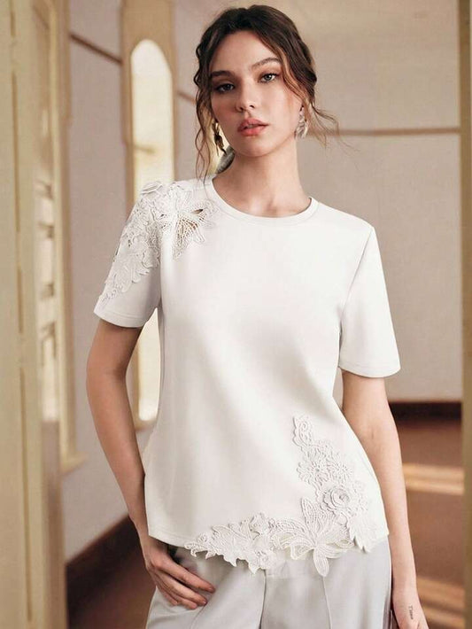 CM-TS188632 Women Elegant Seoul Style Round Neck Short Sleeve Lace Patchwork 3D Embroidered Floral Knit T-Shirt - White