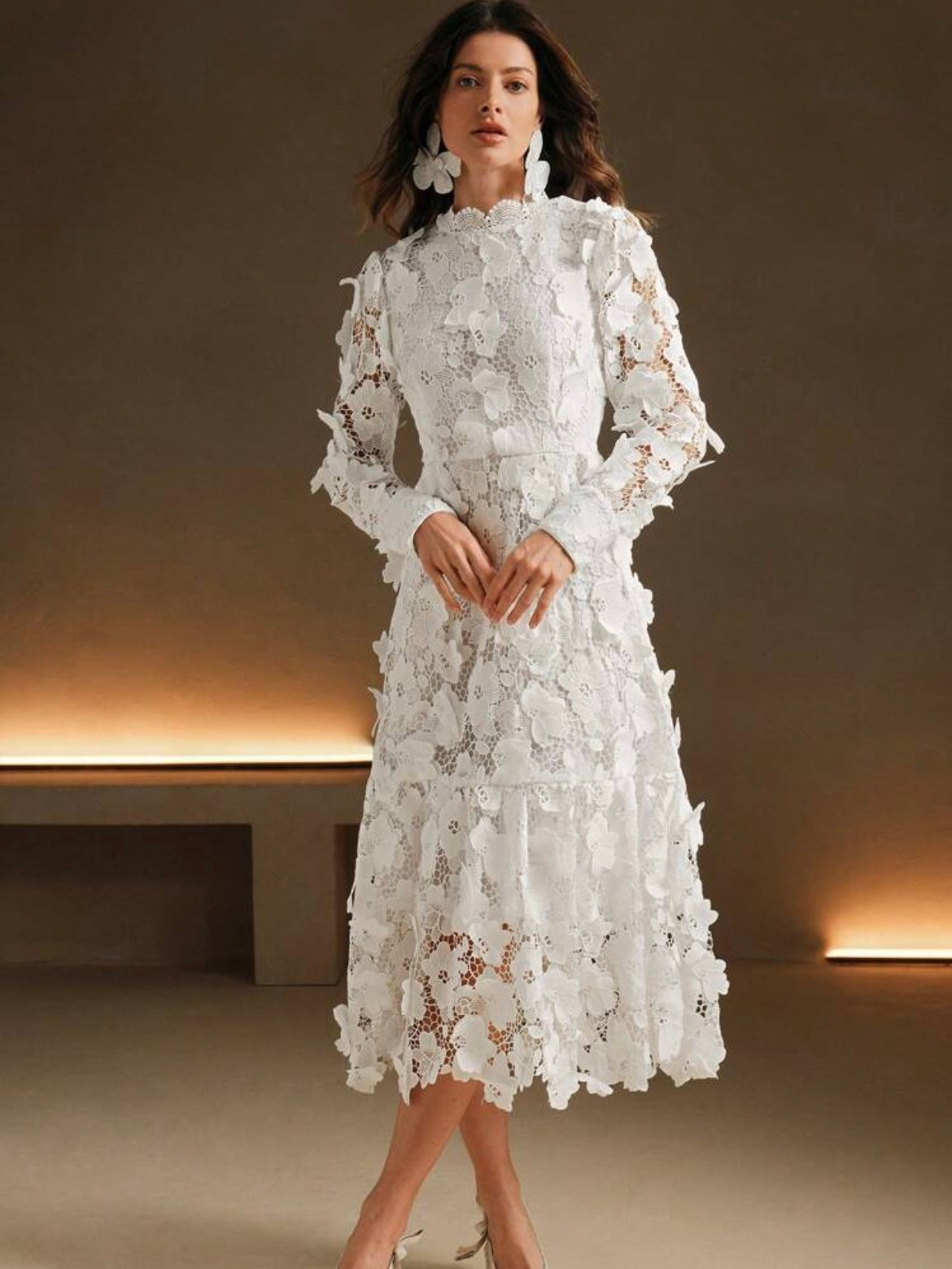CM-DS243323 Women Elegant Seoul Style High Neck Long Sleeve Lace A-Line Formal Dress - White