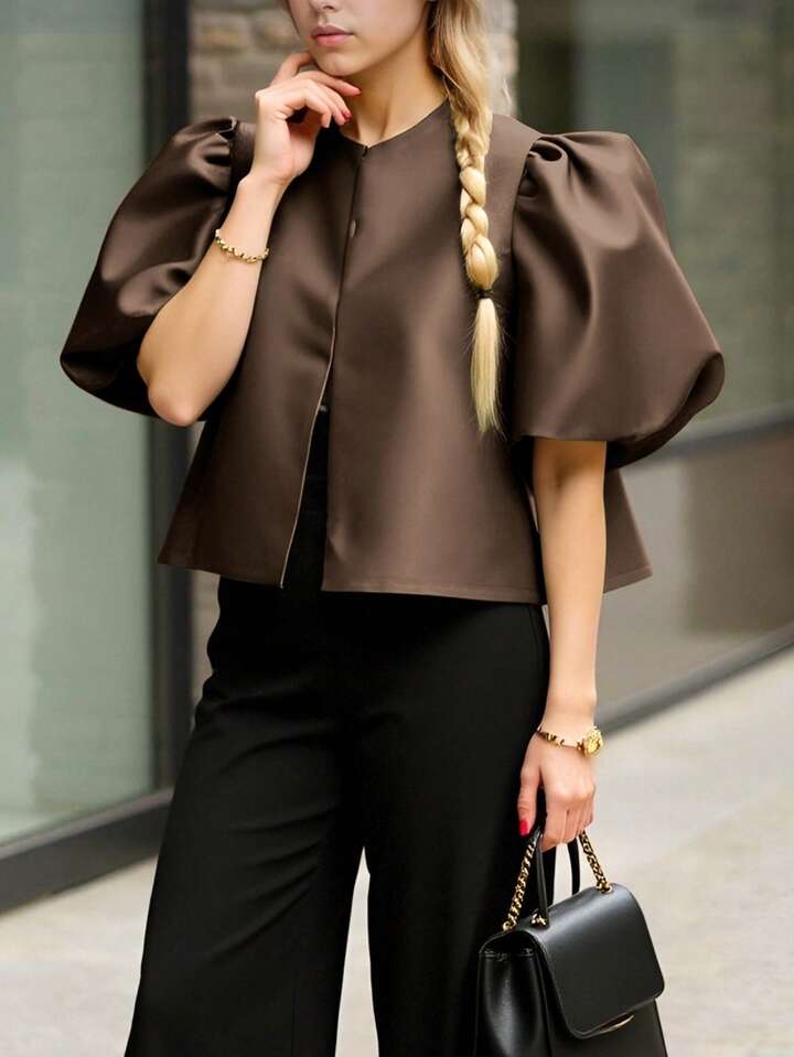 CM-TS469639 Women Elegant Seoul Style Solid Color Round Neck Puff Sleeve Shirt - Brown