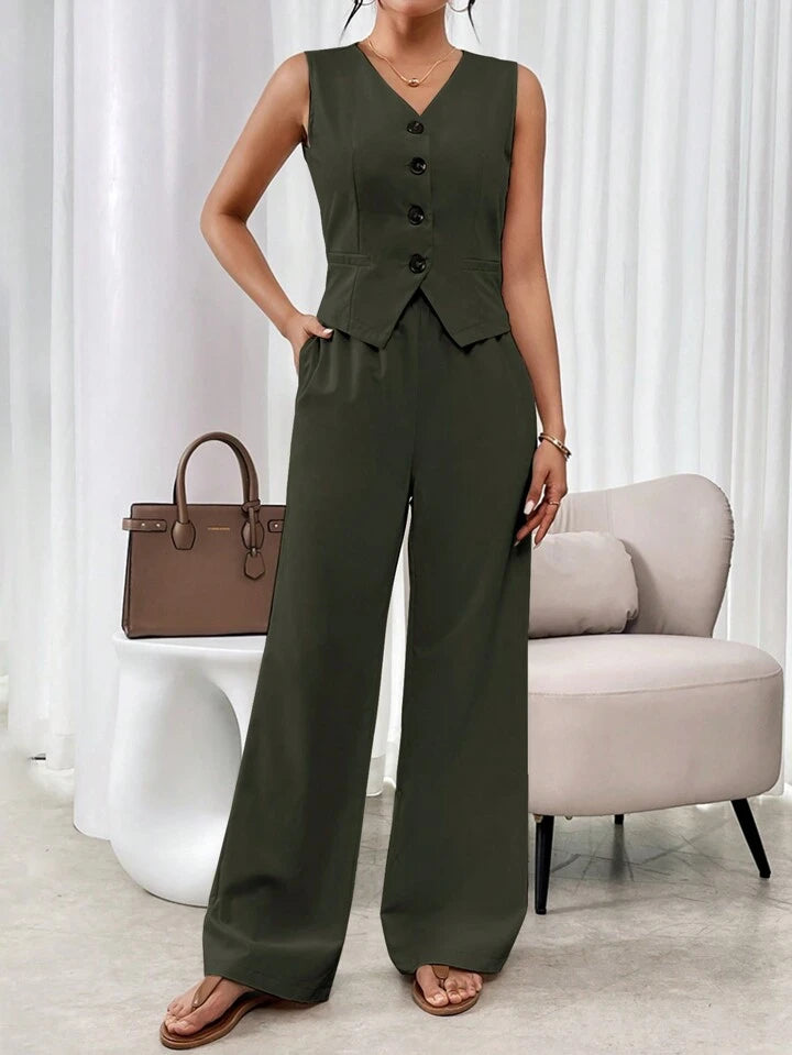 CM-SS138611 Women Casual Seoul Style V-Neck Sleeveless Single Breasted Suit Vest With Long Pants - Army Green