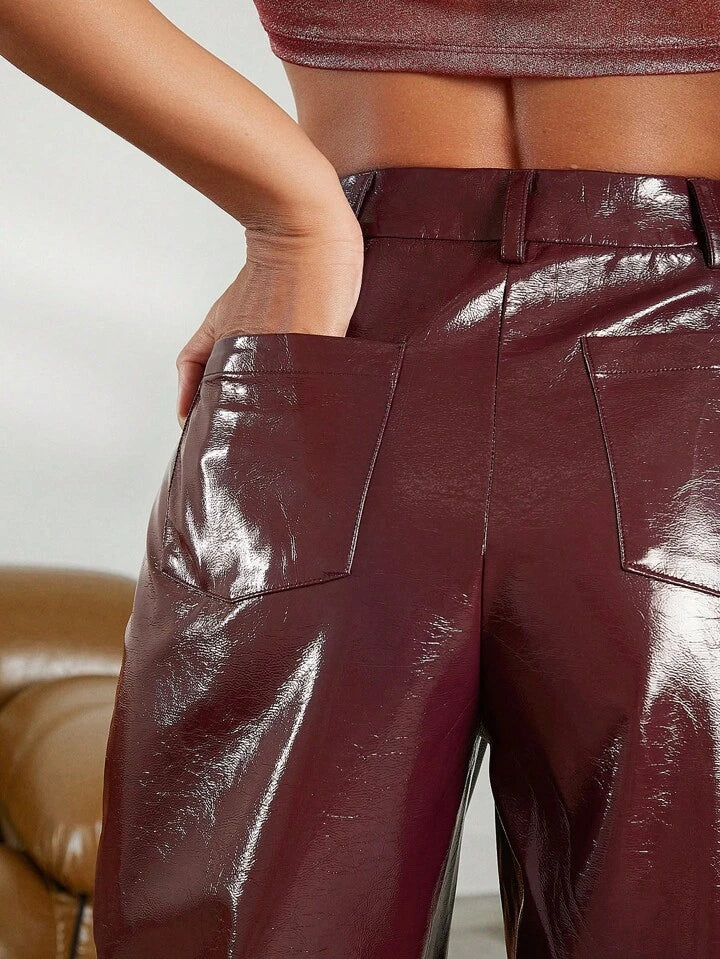 CM-BS499510 Women Elegant Seoul Style Slant Pocket PU Leather Wide Leg Pants - Burgundy