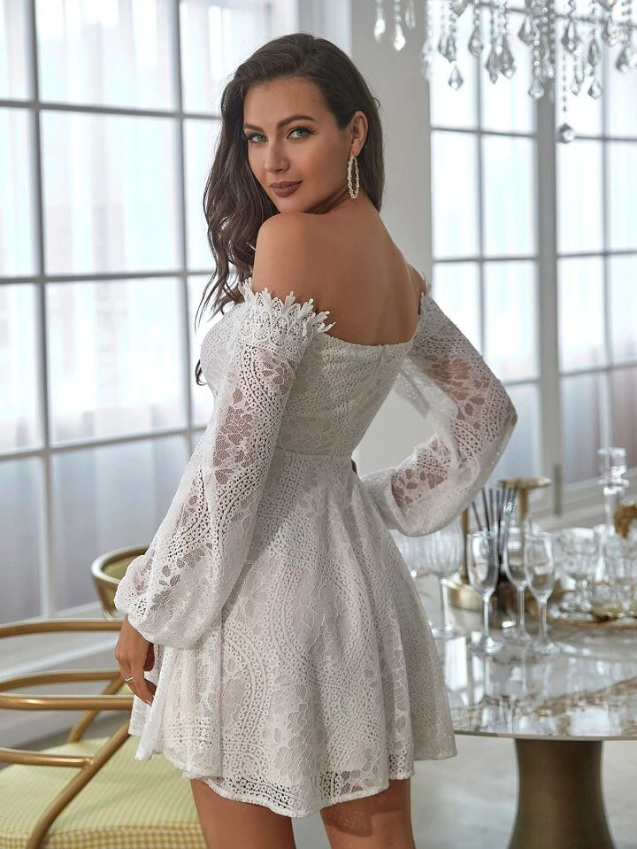 CM-DS259878 Women Elegant Seoul Style Off Shoulder Lace Up Front Lantern Sleeve Lace Dress - White