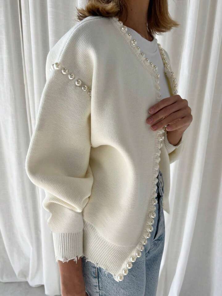 CM-CS690395 Women Casual Seoul Style Pearl Trim Distressed Hem Long Sleeve Knit Sweater - White