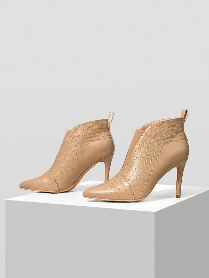 CM-SHS070792 Women Trendy Seoul Style Quilted Line Pointed Toe High Heel Ankle Boots - Apricot