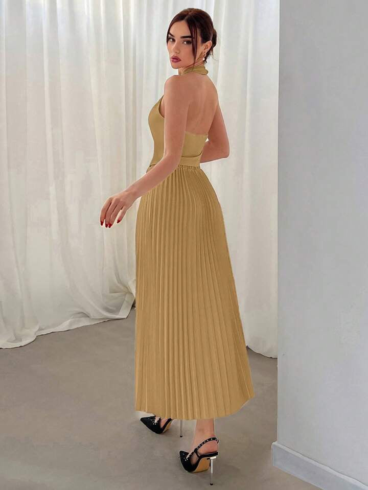 CM-SS042253 Women Elegant SeouL Style Single Breasted Halter Vest With Pleated Midi Skirt - Yellow